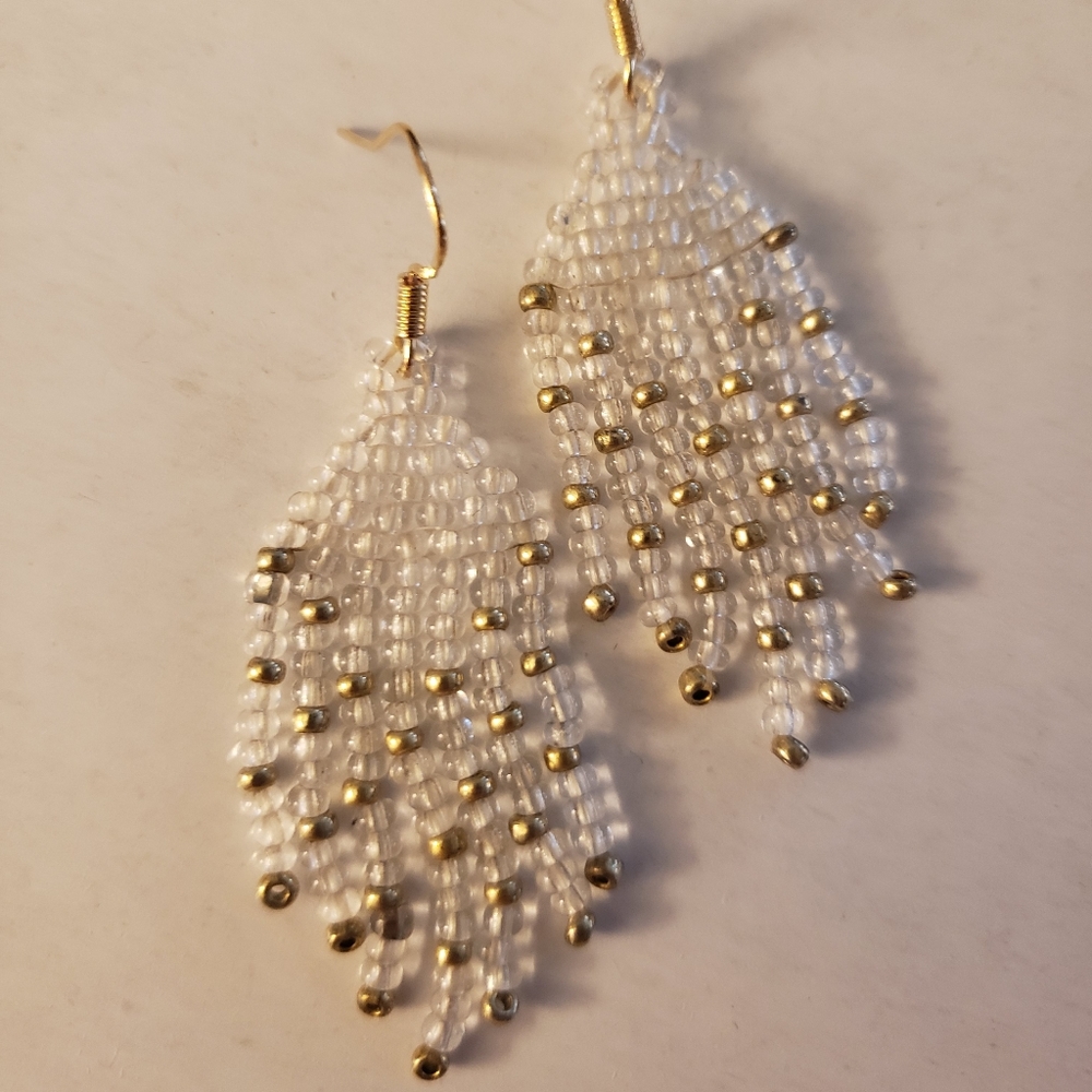 Hand Woven Glass Earrings in Clear and Gold with 14k plated earwires